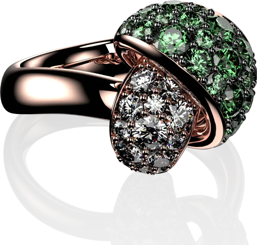 Anillo de oro rosa con gemas verdes y diamantes, diseño de DoJewels